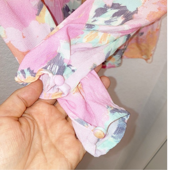 JEN’S PIRATE BOOTY Floral Deep V Neck Pink Peplum Blouse blouson sleeves SZ: XS - Picture 7 of 13